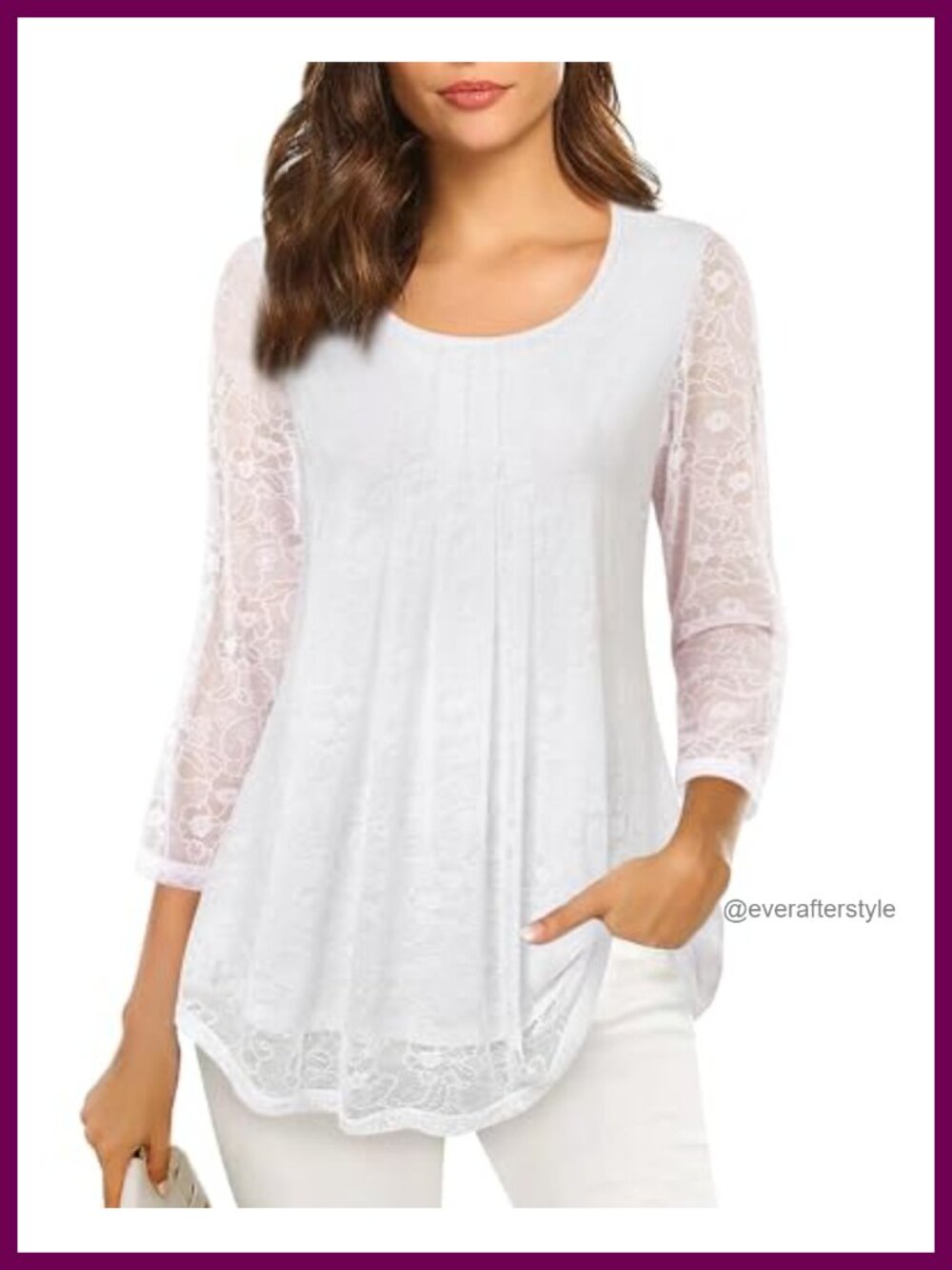 Women's 3/4 Sleeve Floral Tunic Top Mesh Pleated Layered Blouse